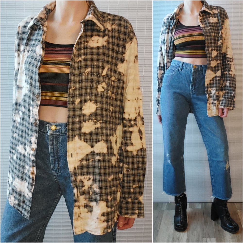 Black Gray Plaid Bleach Dyed Flannel Button Up XL